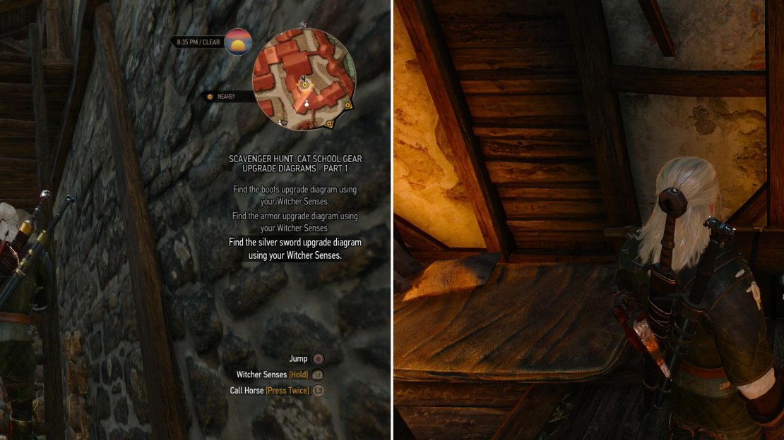 Find a ladder behind some bushes (left) then climb into a building to find a chest, wherein you’ll find the Diagram: Feline Silver Sword (right).