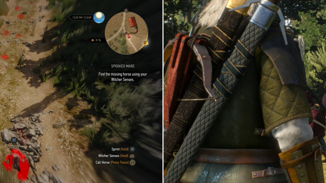 Activate your Witcher Senses and follow the stolen horse’s hoof prints (left. They’ll lead you to the culprits, who, while not human, aren’t quite worthy of the title “woodland spooks” (right).