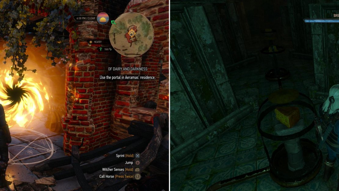 Use the figurines to open a portal in Aeramas Abandoned Manor (left), then navigate through the Trial of the Cheeses-avoiding the smelly cheese as you do so (right).