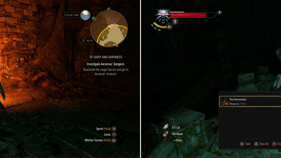 Blast two pyramids with Igni to take down a magic barrier (left) then claim your prize-the sword Emmentaler (right).