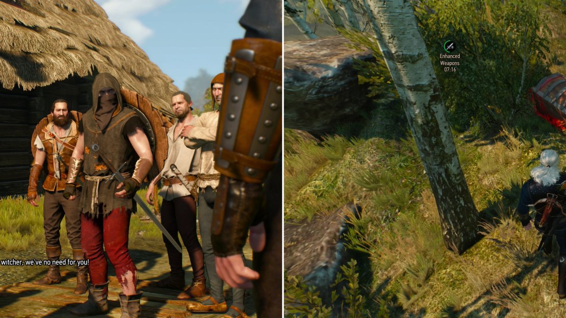Encounter some Bandits looting a sacked town (left) and track down a Hidden Treasure (right).