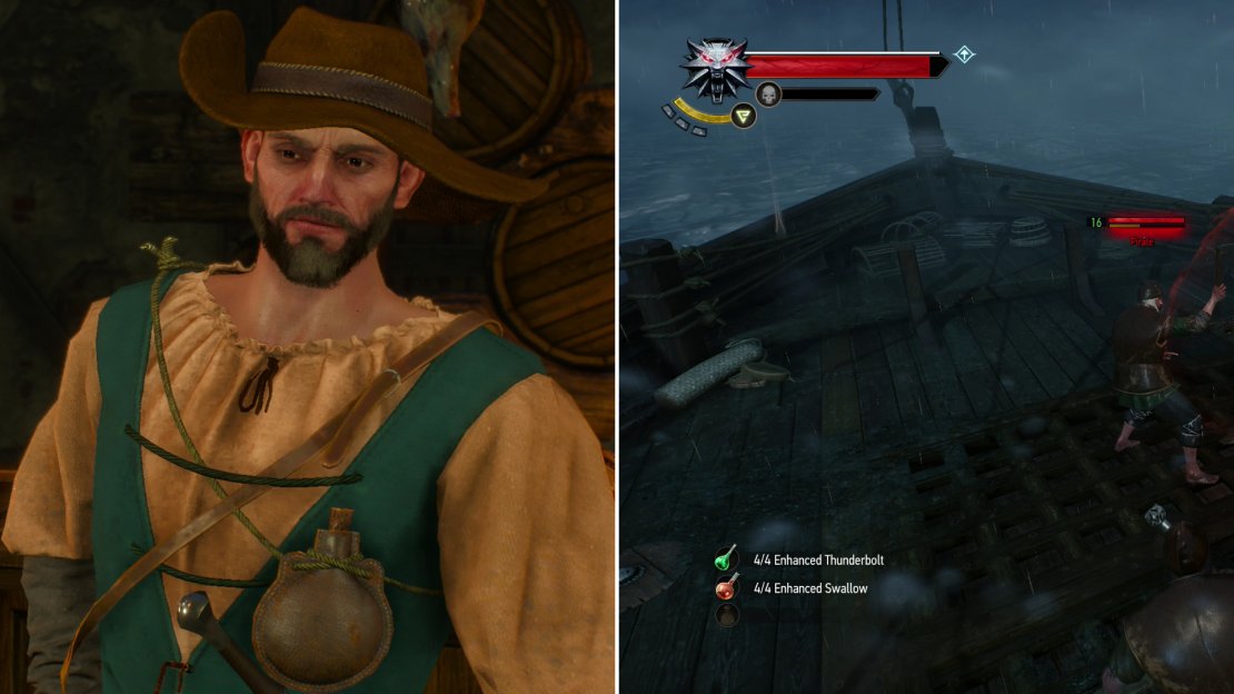 Find Captain Wolverstone In the Golden Sturgeon and pay him a handsome sum to take you to Skellige (left). Geralt is woken during the trip by the traditional Skellige welcoming party… (right)