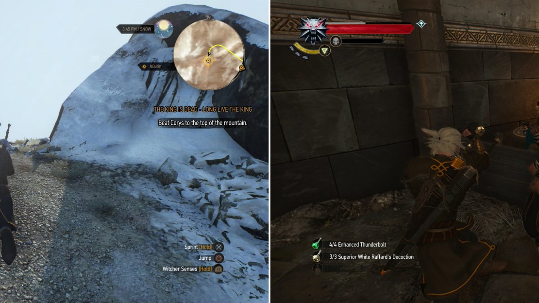 Prove your prowess by racing Cerys (left) and engage in some diplomacy-Skellige-style-with Madman Lugos (right).