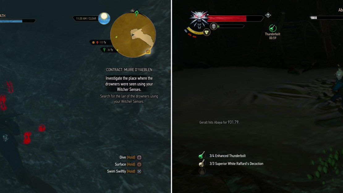 Follow the Drowner tracks to discover their lair (left). Within you’ll find the true menace terrorizing Kaer Trolde-the Water Hag, Abaya (right).