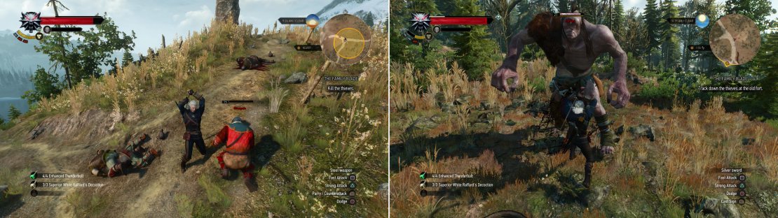 Kill some Bandits, only to discover that the blade you&rsquo;re looking for has already changed hands (left). Find a Cyclops near a sacked cart, clearly the culprit of this atrocity (right).