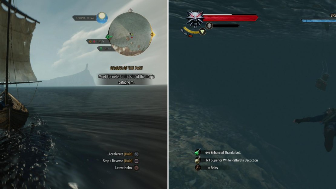 A good bit of exploration in Skellige will by done by boat, instead of on foot (left). Be sure to seek out Smuggler’s Caches as you go to score sweet loot (right).