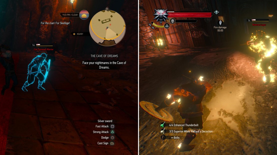 Defeat the spectral Skelliger warriors that haunt one of your companions (left). Blueboy Lugos faces a more familiar terror (right).