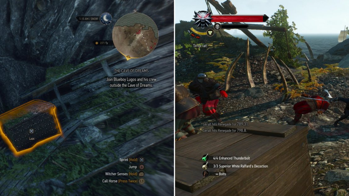 Kill the Bandits along the coast north of the “Giant’s Coast” signpost and loot a chest to find a set of Superior Griffin Diagrams (left). Kill the Bandits at the Whale Graveyard to finally claim the sword “Kuliu” (right).