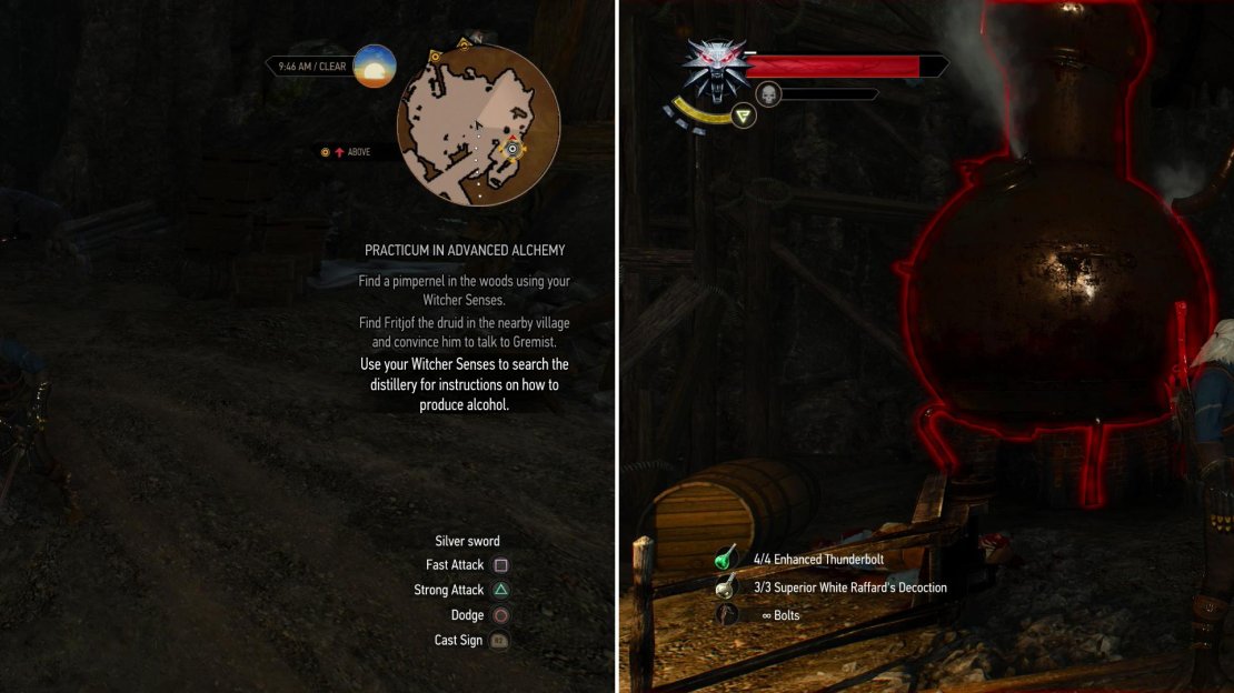 Kill the Cyclops that now occupies the Distillery (left) then bew yourself some Skellige Spirit (right).