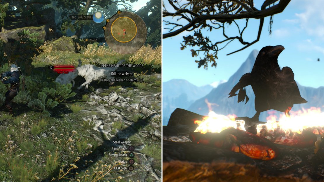 If you help Harald, kill some White Wolves (left) and sacrifice their hearts on an altar to appease the Woodland Spirit (right).