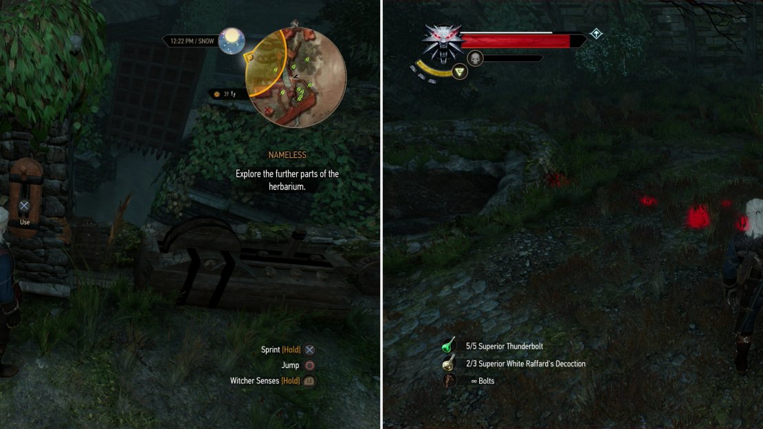 Activate a lever to open a sluice gate (left). Use your Witcher Senses to follow Craven’s retreat into a well (right).