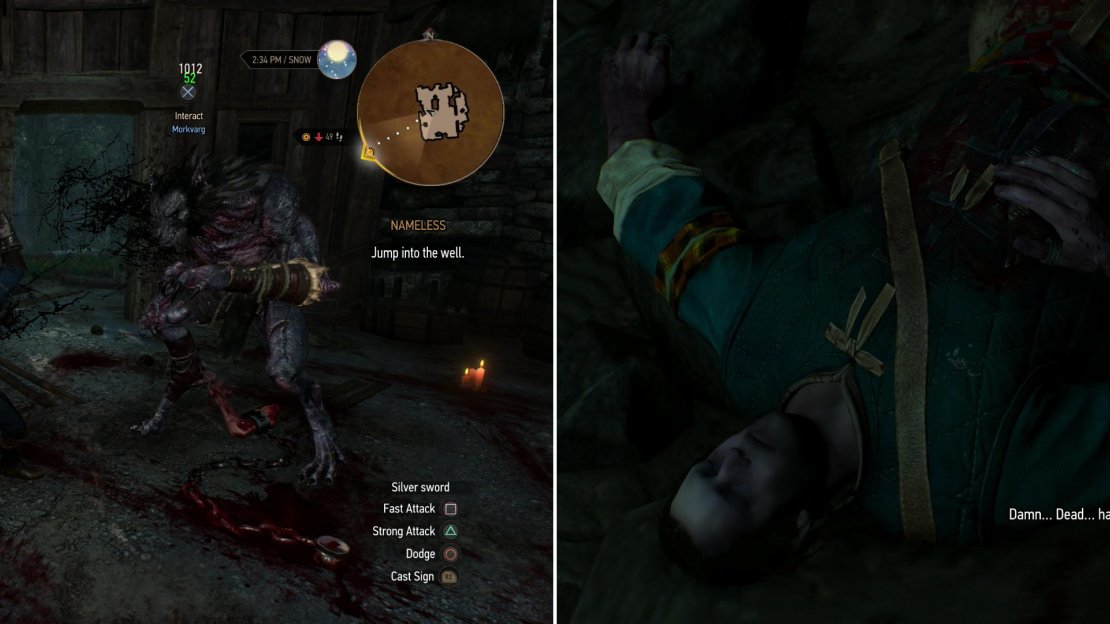 Confront the cursed Morkvarg (left) and when defeat seems certain, follow Craven’s lead and flee into the well, where you’ll find Craven’s corpse (right).