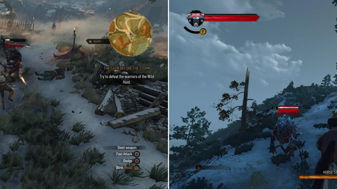 Fight off the Wild Hunt in the village (left) then ride to safety, dodging Hounds of the Wild Hunt as you go (right).