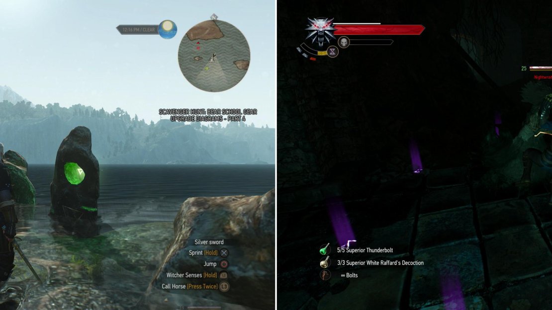 Score a Place of Power near the beach upon which Geralt finds himself after the shipwreck (left). The Nighwraith is the most dangerous of the restless dead in the crypt (right).