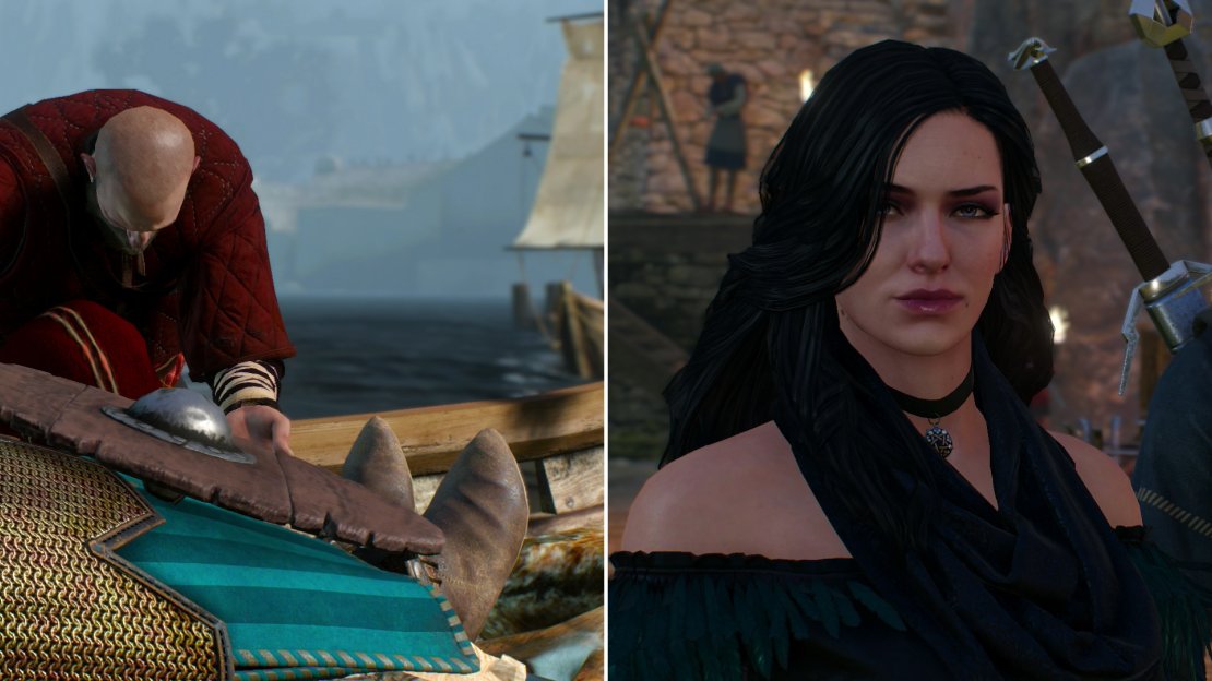 The Skelligers pay their respects to their late king (left) and Geralt reunites with Yennefer (right).