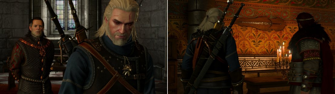 As battle with the Wild Hunt looms, Geralt must seek aid from various sources. Some are considerably less helpful than their resources would otherwise allow (left) while other go above and beyond (right).