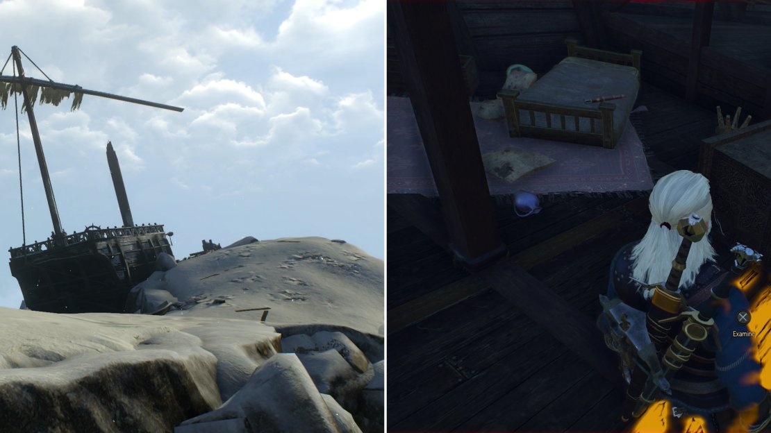 Find the other half of the mage’s ship in a most unusual location (left), then search the ship to discover the mage’s unfortunate fate (right).