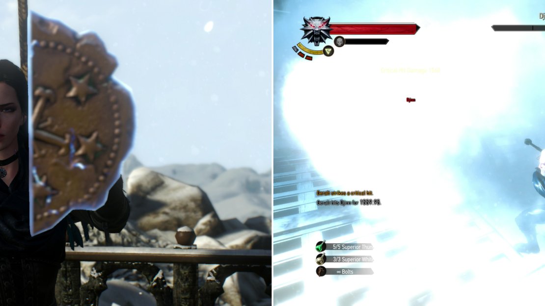 Yennefer repairs the broken seal, and summons the Djinn (left) which must be subdued the old fashioned way before it’ll become complaint to Yennefer’s commands (right).