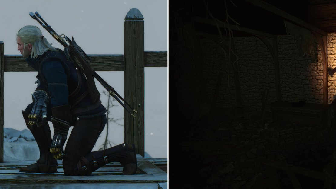 Geralt and Cerys chat after rescuing her from the Jarl’s old house (left). An ominous specter appears as Geralt recovers the old family sword Brokvar from the cellar (right).
