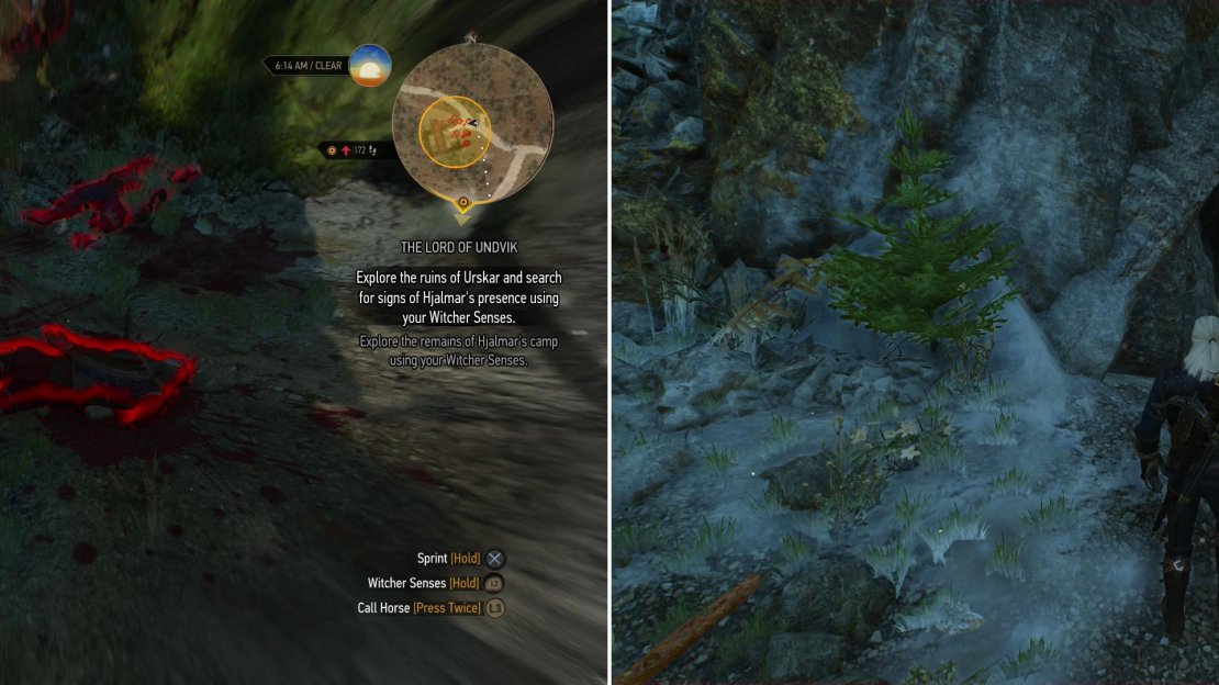 Your first encounter with Hjalmar’s expedition does not inspire much hope (left). Follow the signs of battle into a nearby cave (right).