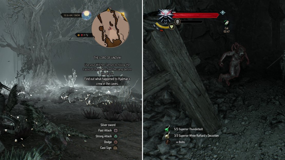 Defeat the Harpies near the subterranean tree (left) then ascend into the mines, where you’ll encounter Devourers (right).