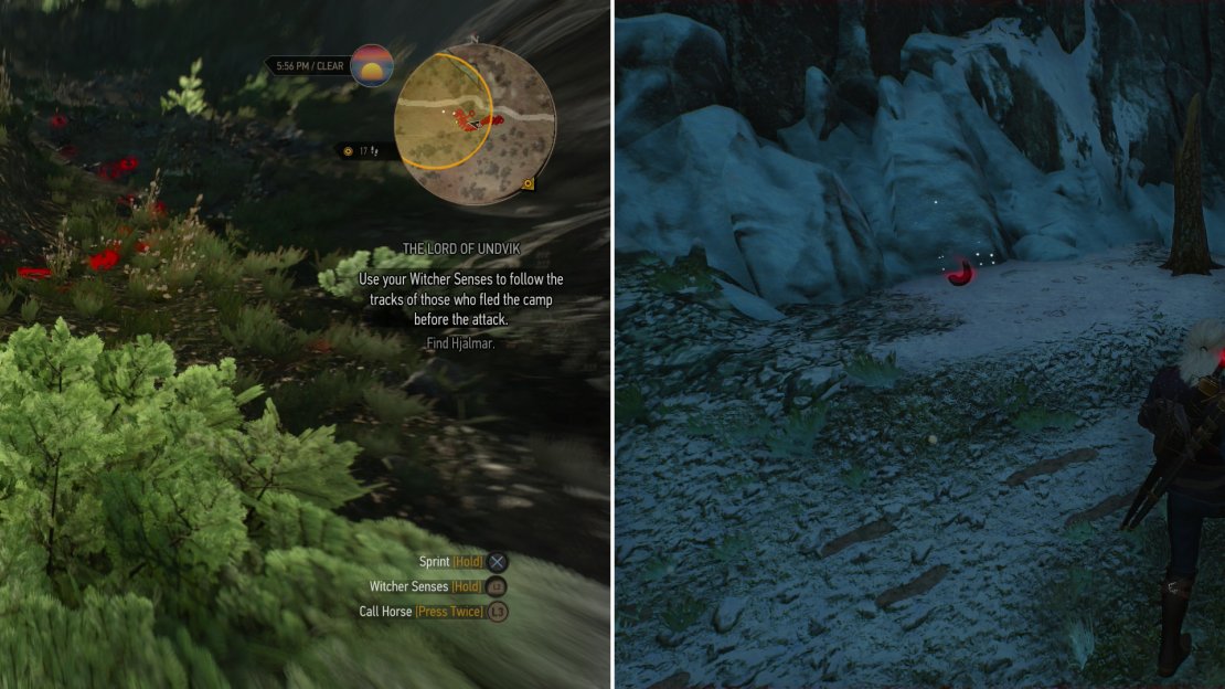 Follow the trail leading away from the camp (left) until you find one of Hjalmar’s crew - the victim of an archer (right).