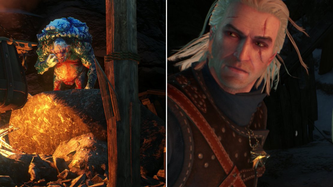Inside the caves you’ll find some Trolls preparing some stew (left). Either challenge them to a game of riddles or fight them to free their dinner-one of Hjalmar’s crew members (right).