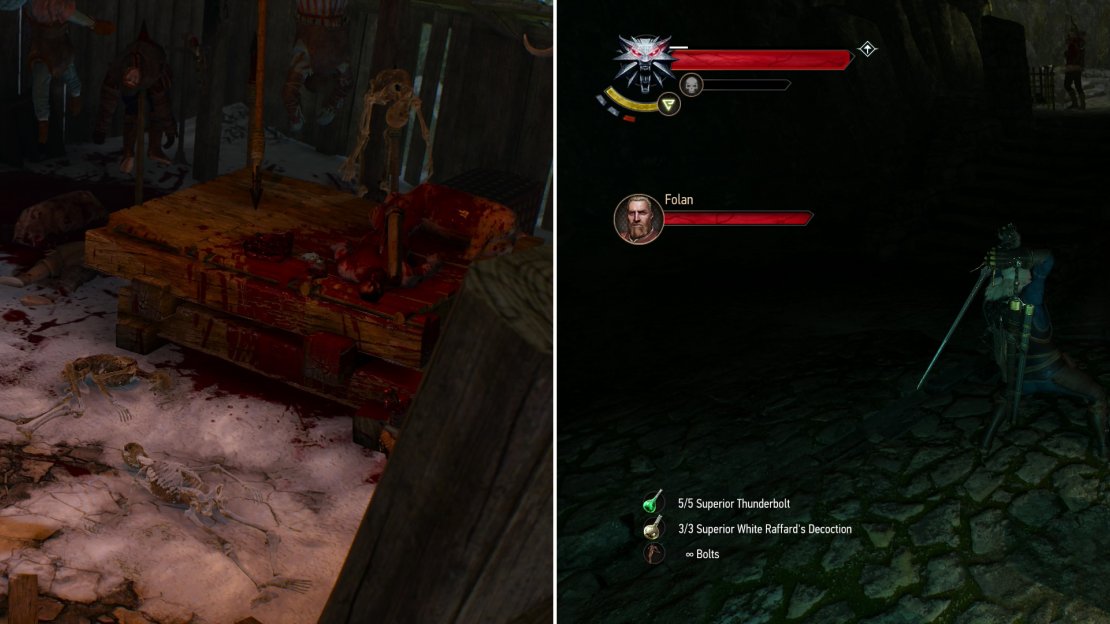 Geralt discovers the giant’s grisly pantry (left). Make s short diversion and slay the Rock Troll that guards the smithing tools Fergus wants (right).