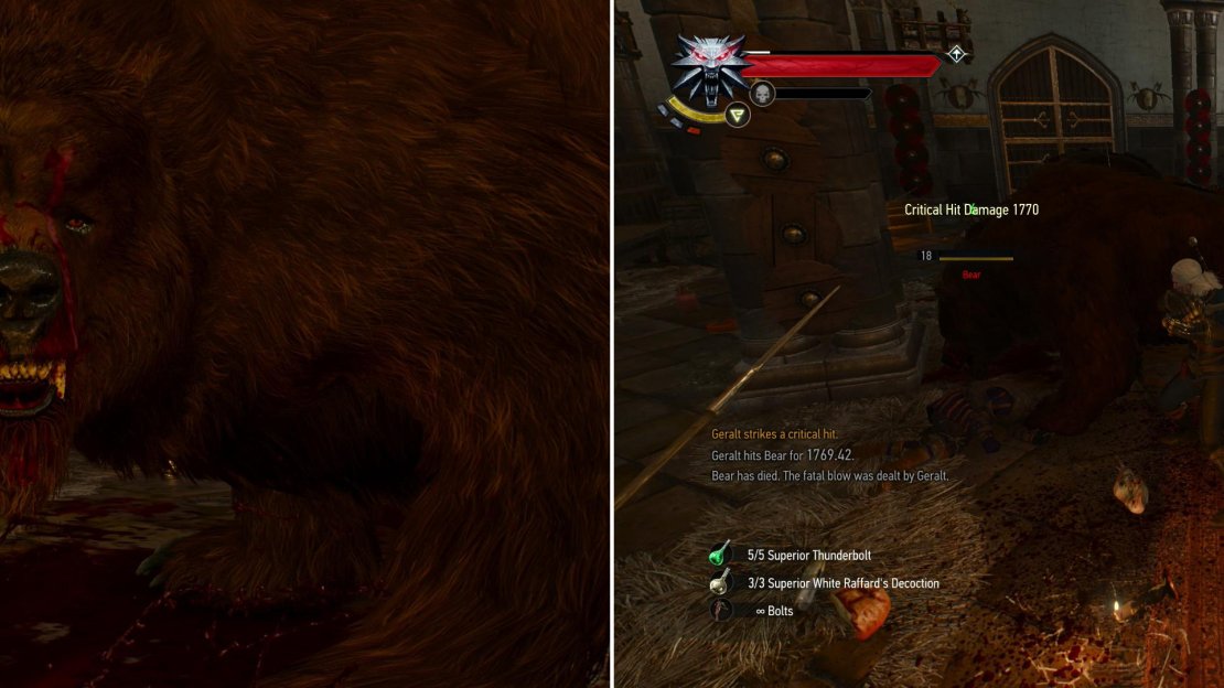 Geralt and Crach investigate the commotion in the main hall to find the place under assault by most unusual foes (left). Defeat the rampaging Bears (right), then decide on a course of action that will affect Skellige for generations to come…