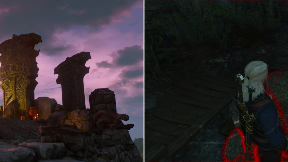 In the village of Fornhala, Geralt and Hjalmar will discover a shrine to Svalblod-a god so fierce, even the Skelligers don’t worship him (left). Find a hidden trapdoor in one of the houses (right).