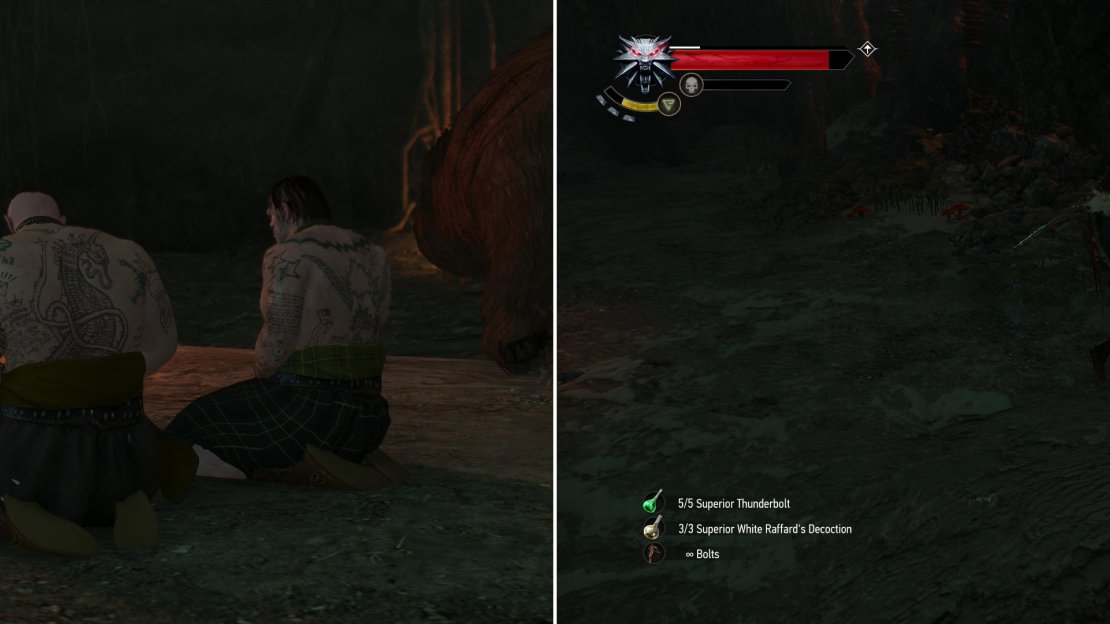In the depths of the caverns under Fornhala, you’ll stumble upon a mysterious ritual (left). Defeat the druid leading the berserkers to put an end to this threat… even if you don’t uncover the hand behin their action (right).