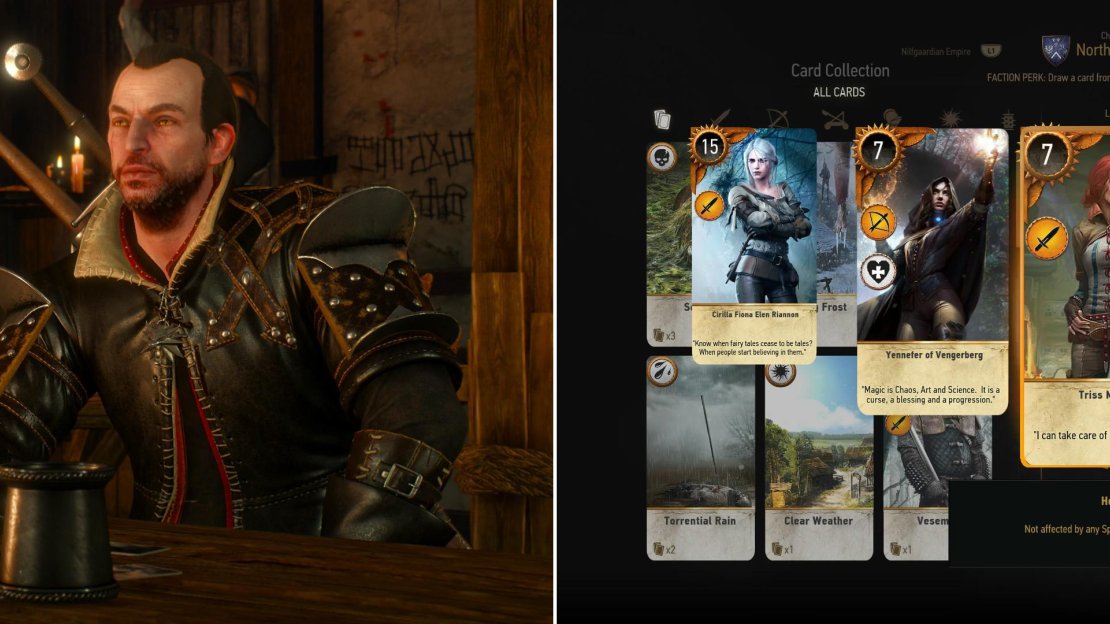 Your old friend Lambert can be played after helping him out in Skellige (left). If you win you’ll obtain the Triss Merigold card (right).