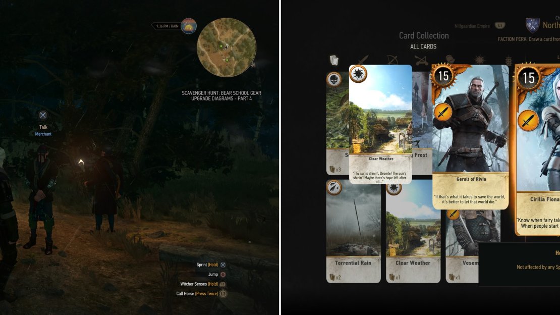 Play the Scoia’tael Merchant outside of Novigrad (left) to win the Cirilla Fiona Elen Riannon card (right).