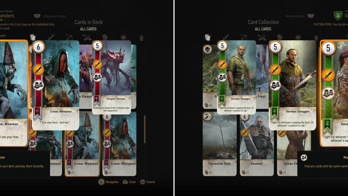 Monster decks (left) and Scoia’tael decks (right) both rely primarily on cards with the “Muster” ability to over-power opponents. Play one “Muster” card and all related “Muster” cards will automatically be put into play.
