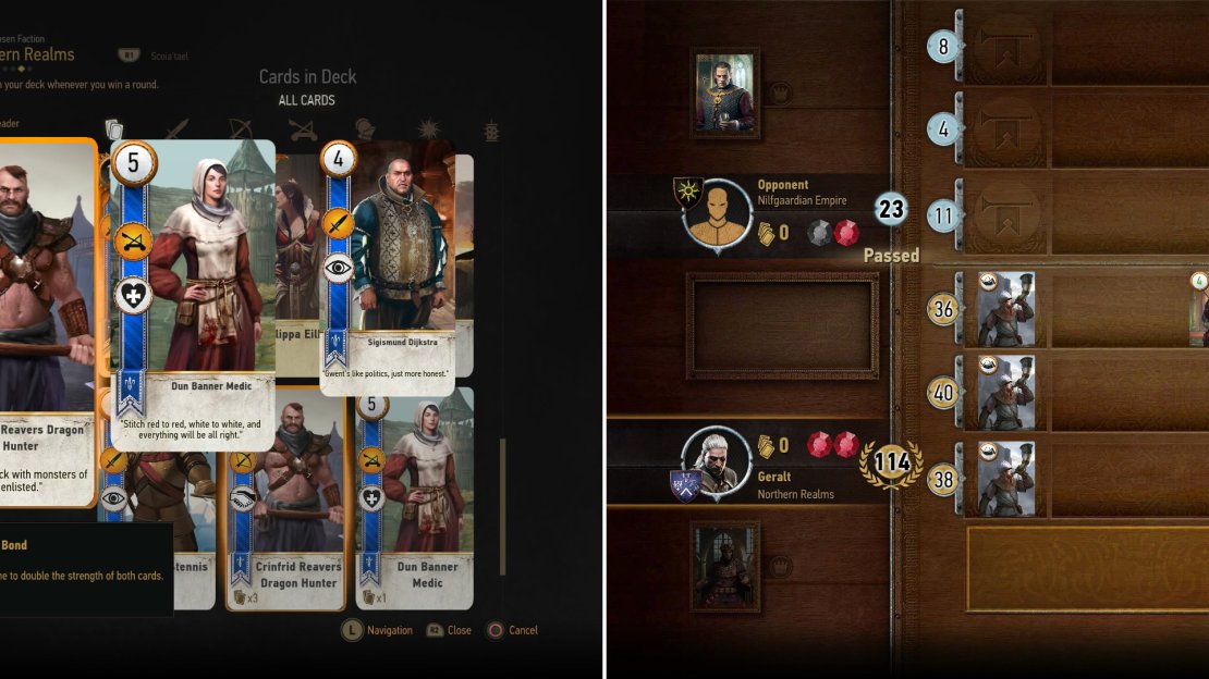 The Nothern Kingdoms deck specializes in cards with the “Tight Bond” ability (left). Play two (or more) of the same cards with “Tight Bond” and their power will double, leading to some truly potent combos (right).