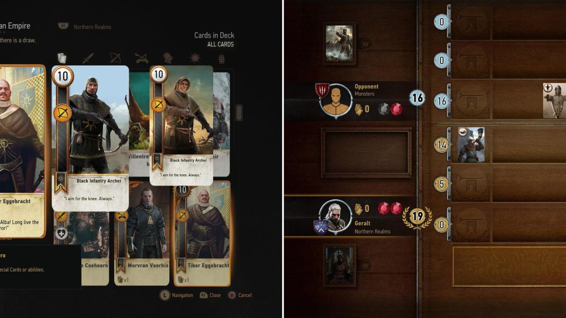 Defeat Olivier at the Kingfisher to win his Tibor Eggebracht Card (left). If you can win the Villentretenmerth card during your games with random Gwent players, you’ll be able to use its limited Scorch ability to great effect (right).