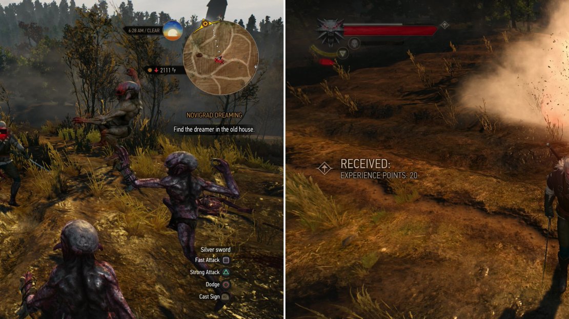 Dispatch the mob of Nekkers around each nest (left) then blow the nest up to prevent more critters from crawling out - bonus points for walking away like a badass (right).