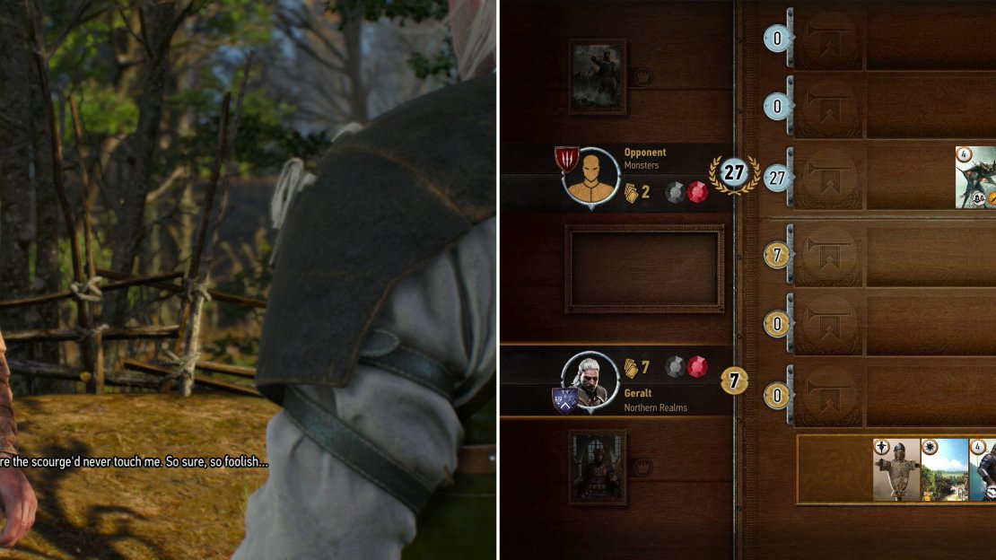 If you encountered him along the road earlier, old Gert can be found between the Nekker nests, apparently quite worse off for his corpse mishap earlier (left). You can use Vellentretenmerth to good effect against the Old Sage’s Muster-heavy Monster deck (right).