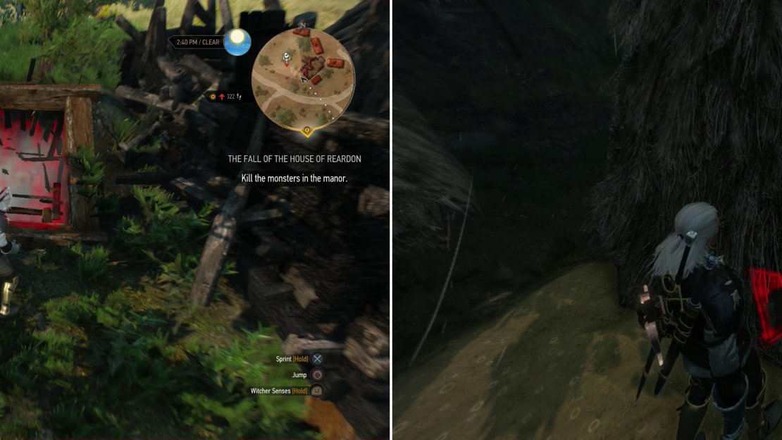 Blast a cellar door to find some cluse as to where the treasure lies (left) then find said treasure buried under a haystack (right).