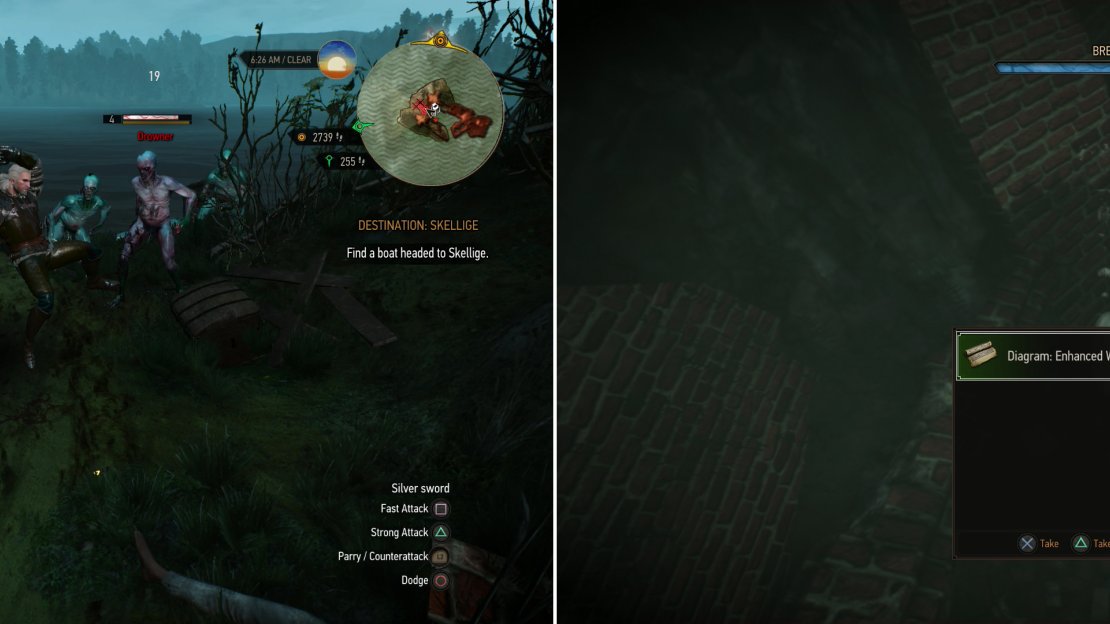 On a small island south of Fyke Isle you’ll find plenty of Drowners (left). There are numerous chests in the water nearby, including one which contains the Diagram: Enhanced Wolven Armor (right).