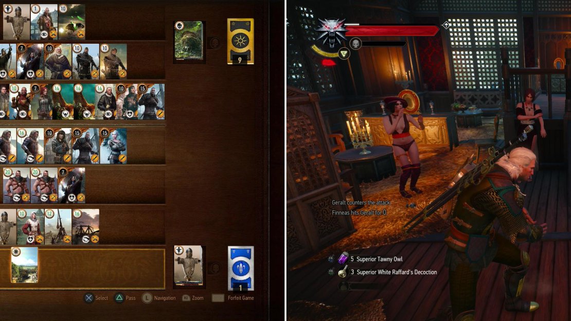 Sasha’s got one of the most potent Gwent decks in the game, one that you’ll need a potent deck to even compete with (left). Finneas, on the other hand, has a rather weak deck, something he tries to make up for with poor sportsmanship (right).