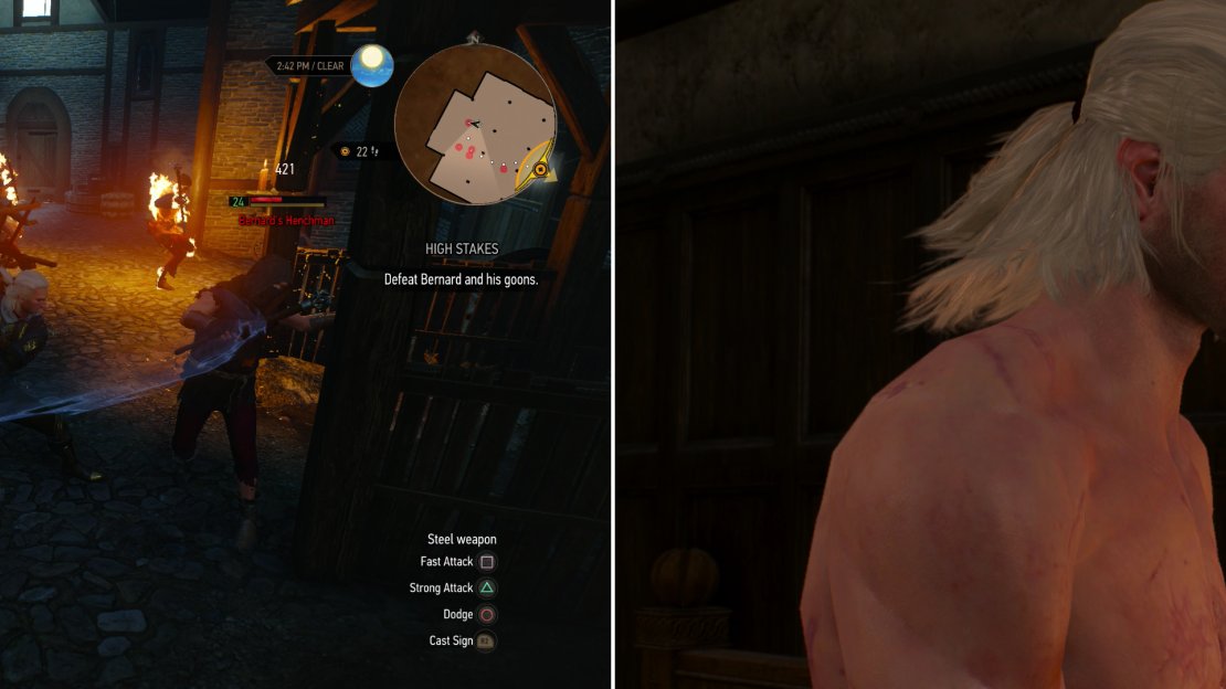 Defeat the thieves in the warehouse (left) after which Geralt and Sasha will make off with the money, have a nice dinner… and perhaps a little fun for dessert (right).