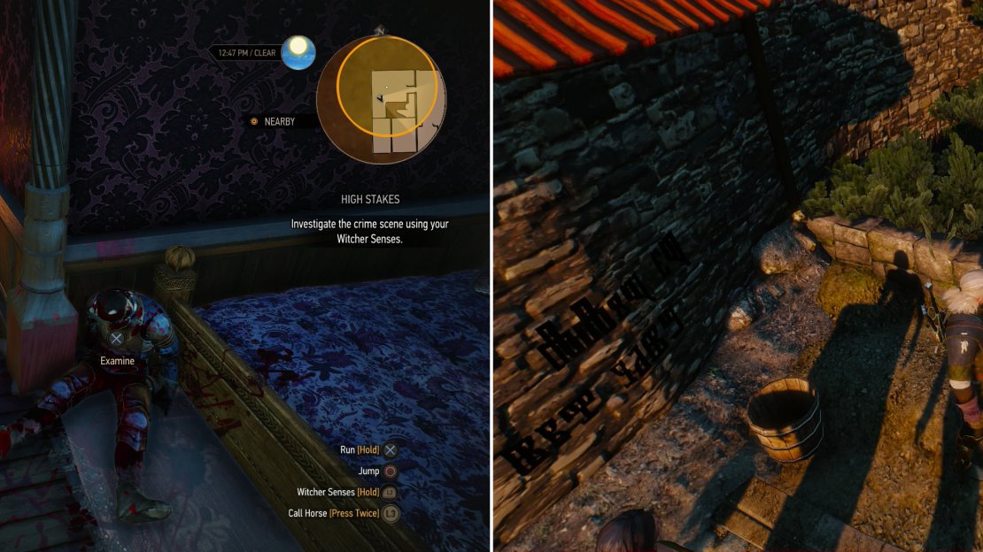 Investigate the crime scene (left) then follow the trail of clues outside until you find evidence that leads you to the culprits (right).