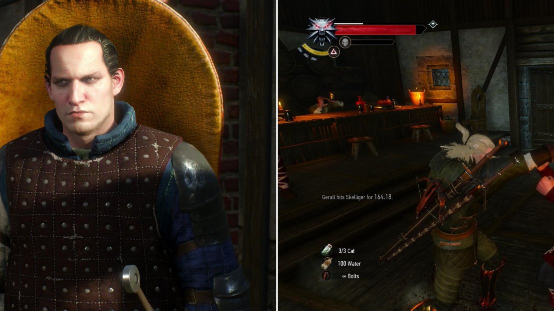 Ronvid is back, and this time he’s in a foul mood - and has friends. If you can’t calm him down with Axii, this fight will be for keeps (left). Calm down some rowdy Skelligers in the traditional Skellige manner (right).