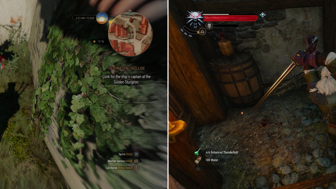 Follow a scent trail to discover a corpse (left). You can either sell the key you found on the corpse to the Dwarves, or kill them and keep the treasure for yourself (right).
