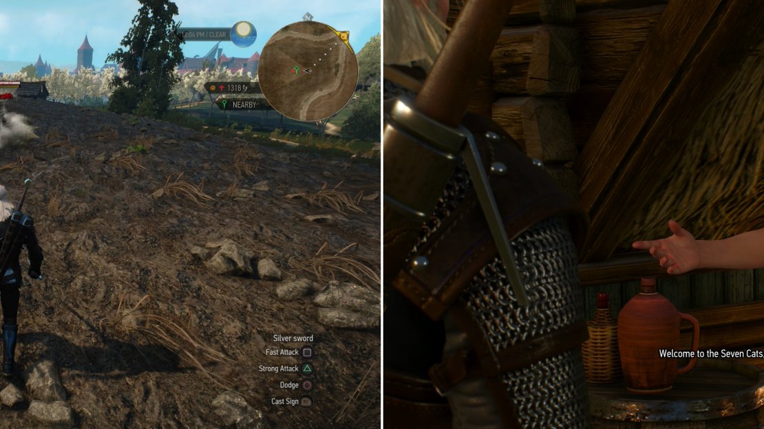 Out in the fields you can find a Noonwraith (during the day) or a Nightwraith (during the night) (left). The Innkeep at the Seven Cats Inn plays Gwent and sells Gwent cards (right).