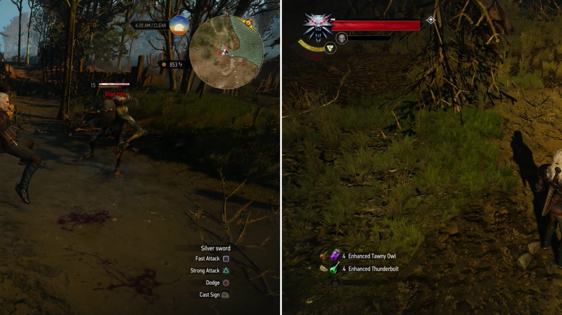 Let Geralt unleash his inner ninja on the Bilge Hag (left) then plunder her treasure chest when you’re victorious (right).