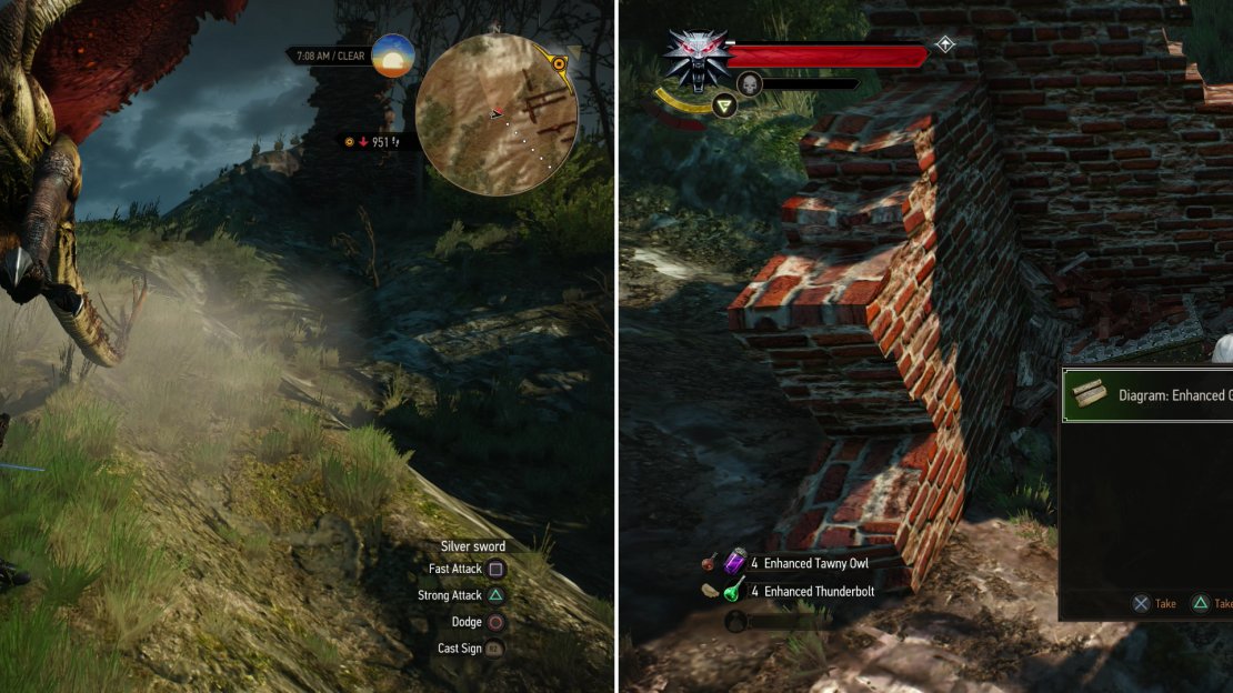 Avoid the Forktail’s fangs and talons (left) then loot the ruins it guarded to obtain the Diagram: Enhanced Griffin Boot (right).
