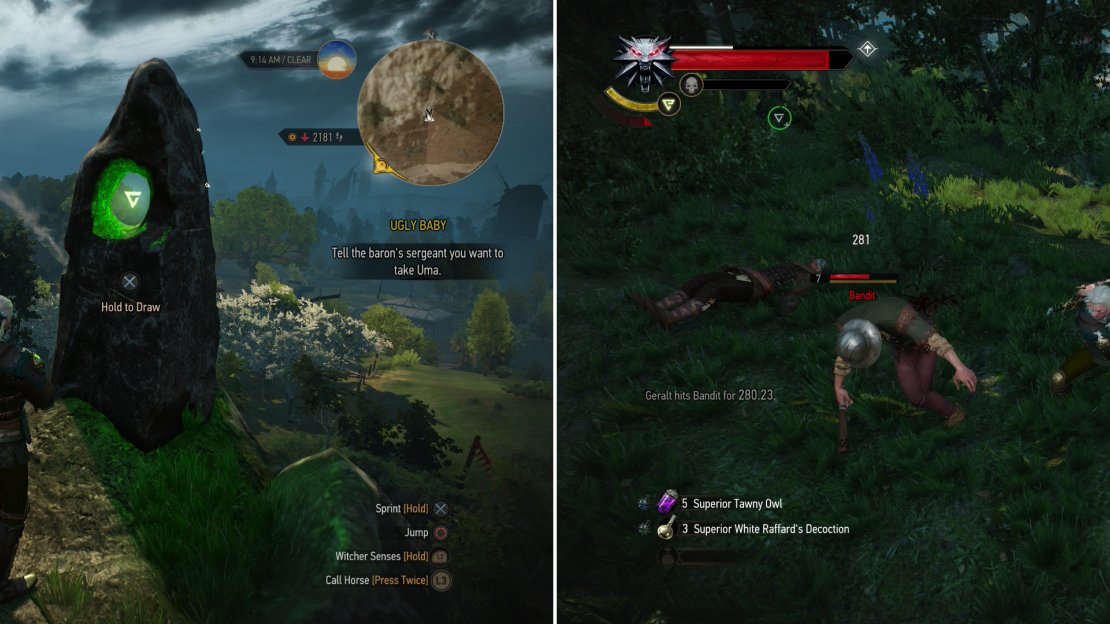 Climb some rocks to reach a Place of Power (left) then go murder some Bandits for their treasure (right).