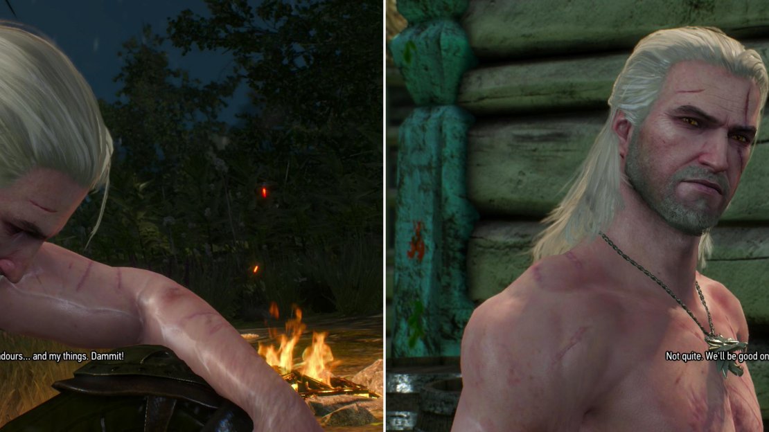 After accepting the hospitality of some strangers, Geralt wakes up without his equipment (left). Track down the thieves and Geralt will turn the tables on them (right).